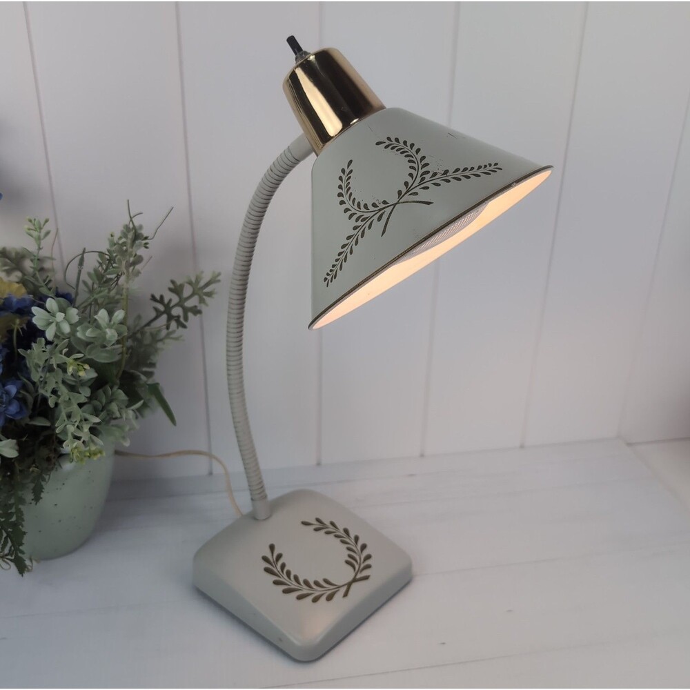 Vintage 1950s Gooseneck Desk or Wall Lamp Diffuser White & Gold Retro Midcentury
